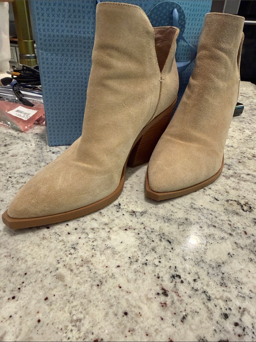 Gianni Bini Tan Suede Ankle Booties with Stacked Heel - Picture 2 of 5